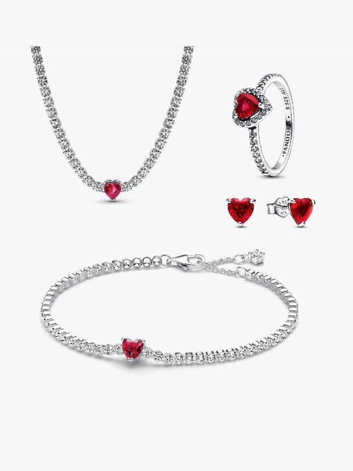 Conjunto de Presente Pulseira, Choker, Brincos e Anel Coração Vermelho Brilhante