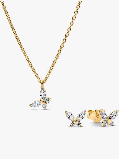 Conjunto de Colar e Brincos Borboleta Transparente Cintilante com Revestimento de Ouro